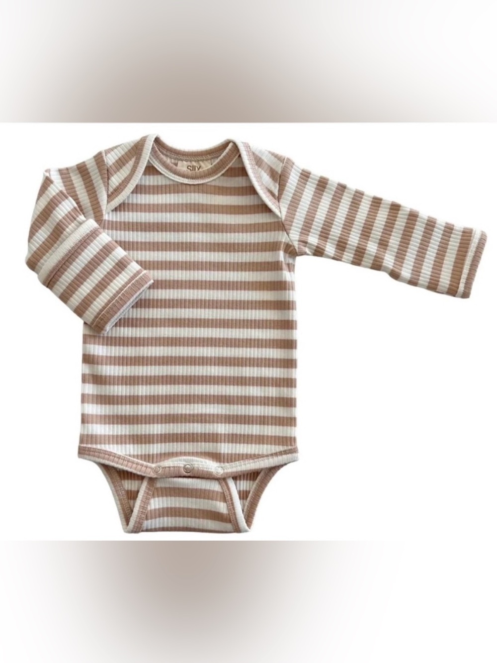 SIIX Organic Ribbed Longsleeve Bodysuit Tan Stripe Convertible Hand Mitt  Onesie